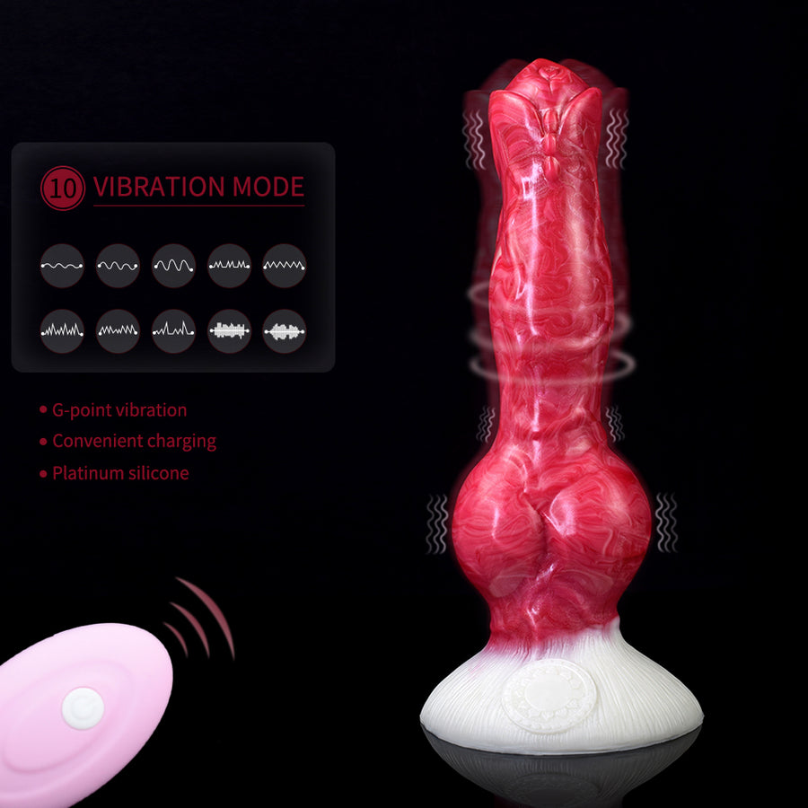 Red dog-shaped silicone adult vibrator with rounded suction base.