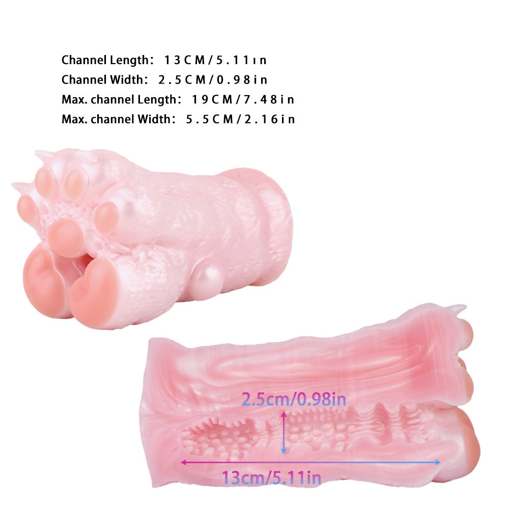 Cat paw stroker hellrosa, Seitenansicht mit Pfoten-Noppen; Maße/Skala eingeblendet