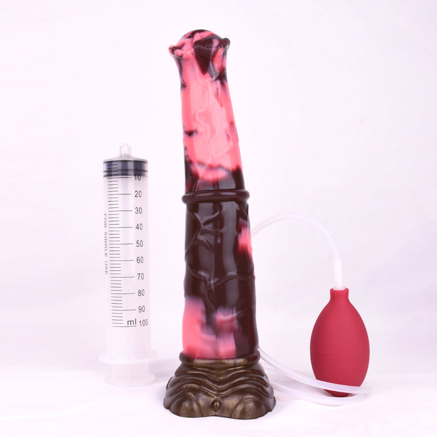 Realistic squirting stallion sex toy with measurement syringe and red bulb