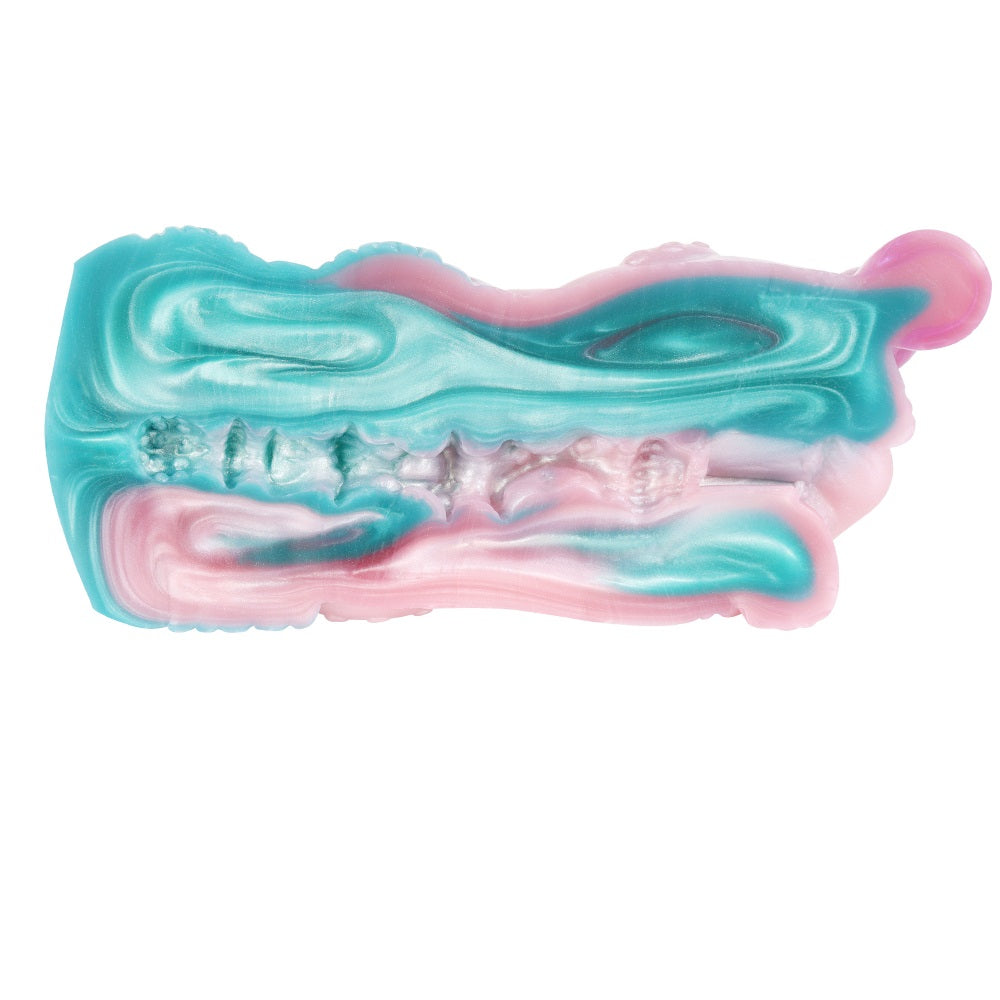 Celestial Tentacraze stroker underside view, teal and pink swirl channels