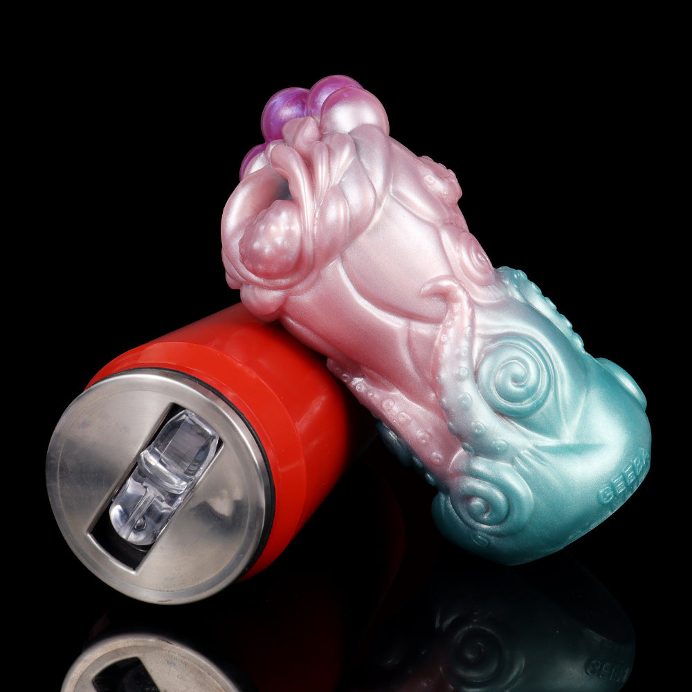 Celestial Tentacraze stroker with base cap, red-and-silver rim and pink/teal body