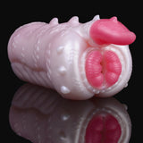 Close-up side of ceratops Fleshlight with pink tongue nose and dimpled texture