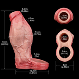 Size diagram for pink realistic penis sleeve with knot, includes opening dimensions