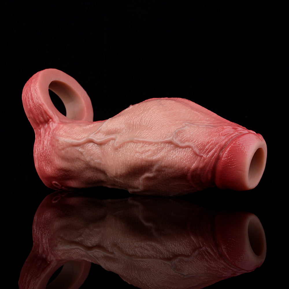 Pink realistic penis sleeve with hollow opening at tip and knot at base