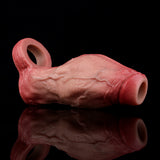 Pink realistic penis sleeve with hollow opening at tip and knot at base