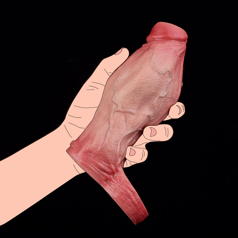 Hand holding pink realistic penis sleeve with knot, textured outer surface