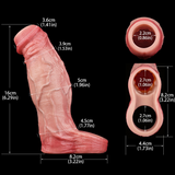 3D size diagram of pink penis extender sleeve, with side and open-end views.