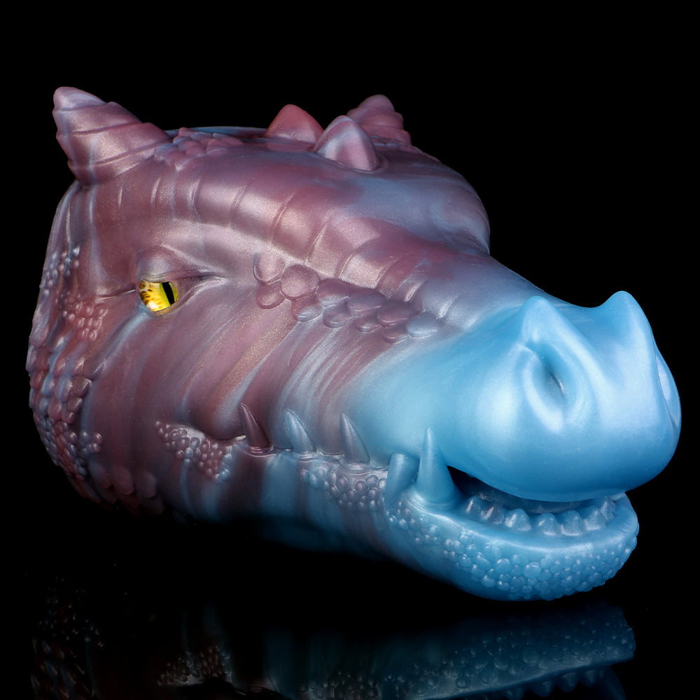 Fantasy dragon one-hole masturbator in blue/pink, detailed scales and yellow eye