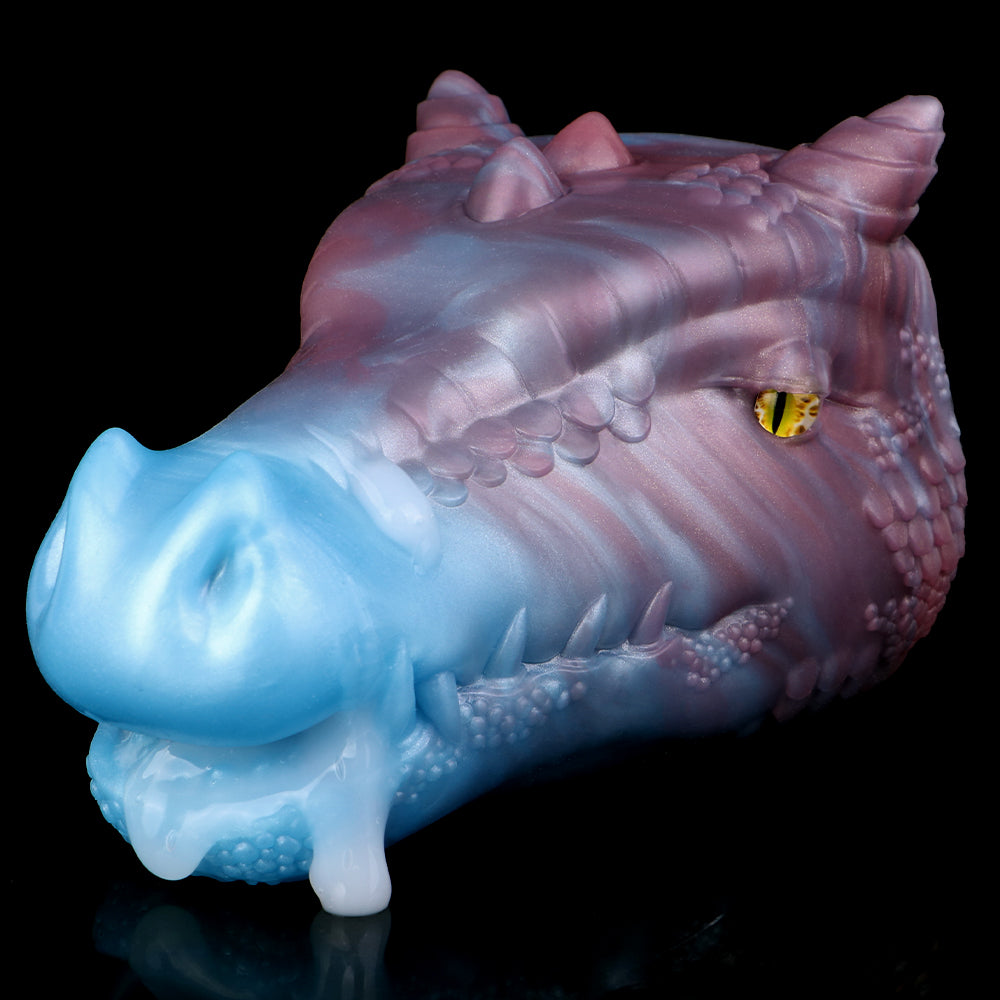 Dragon fantasy sex toy in blue and violet with yellow eye, side profile and one opening