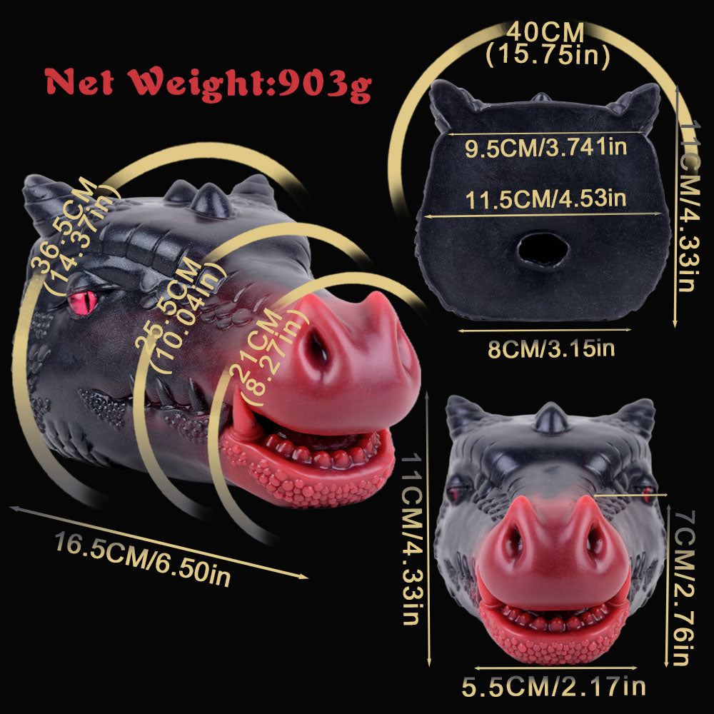 Color options chart: blue and red dragon fantasy sex toy, side and top views shown