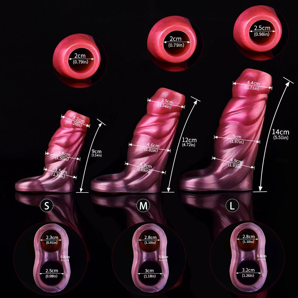 Size chart for fantasy monster penis sleeve extenders: S, M, L with measurements