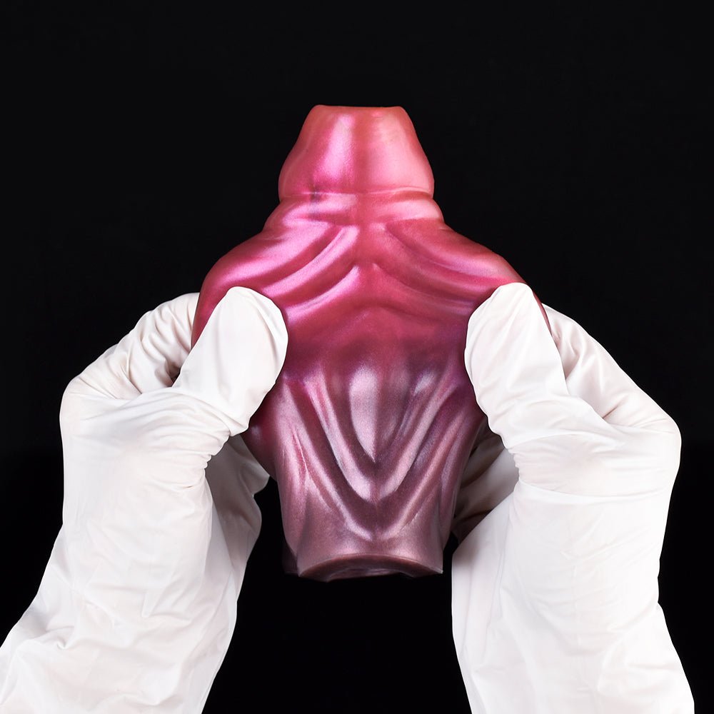 Fantasy monster sleeve front view, glossy pink metallic with rounded hood and cutout