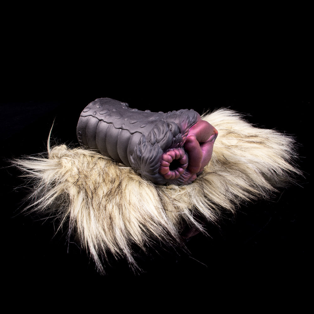 Black-gray silicone inner insert with textured ridges, inside cream faux-fur sleeve