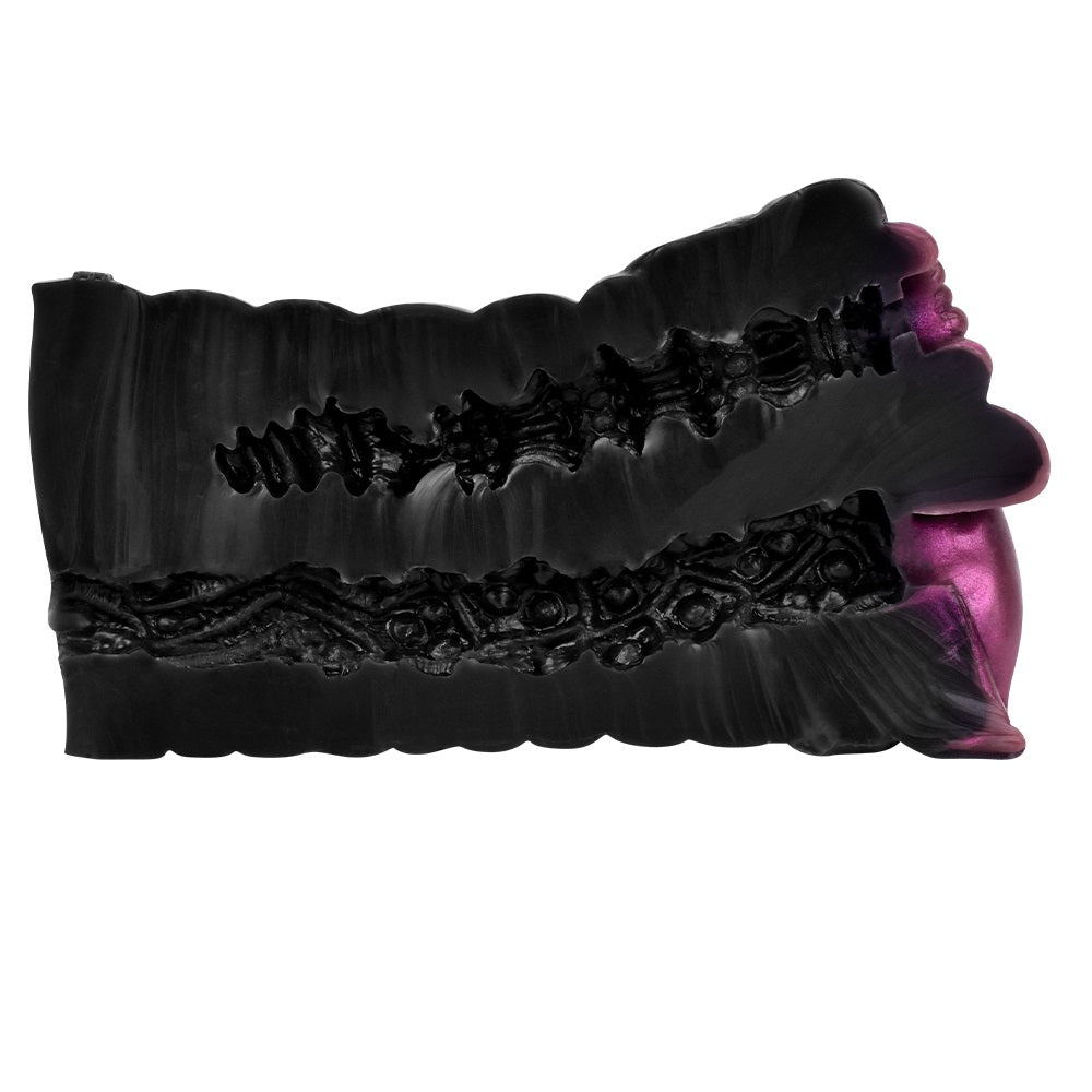 Black textured sleeve masturbator with dark inner opening and ribbed surface