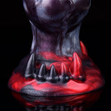 Close-up purple monster knot dildo with red spiked base and glossy texture