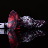 Purple monster squirting knot dildo with red flared base plates and clear tube