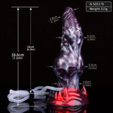 Monster squirting knot dildo, 16cm height, purple with red base and clear tube