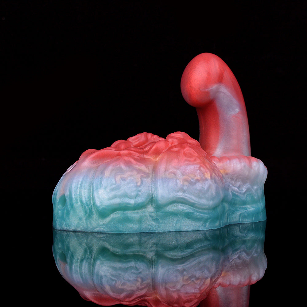 Side view of red-and-blue swirled grinder sex toy with ribbed textured body
