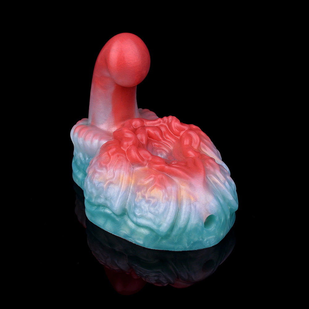 Swirled red-and-blue grinder sex toy with rounded bulb tip and textured top