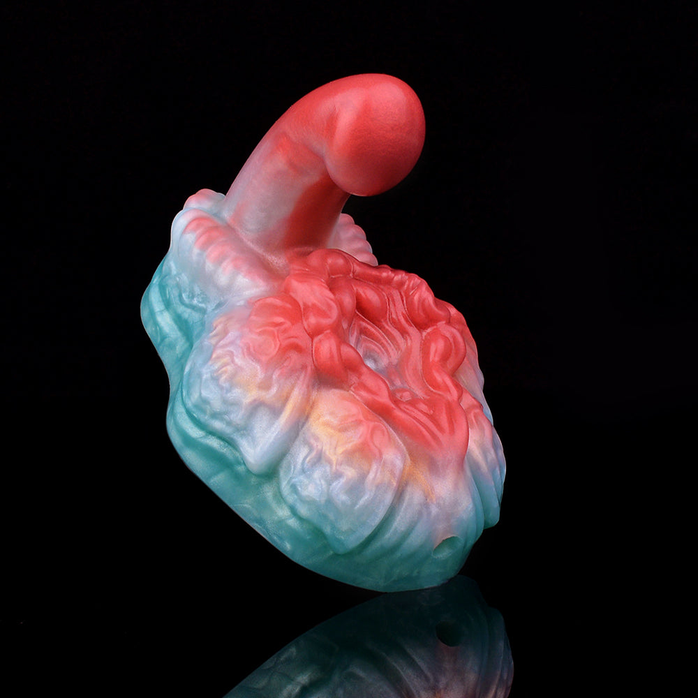 Close view of swirled red-and-blue grinder sex toy with smooth bulb tip