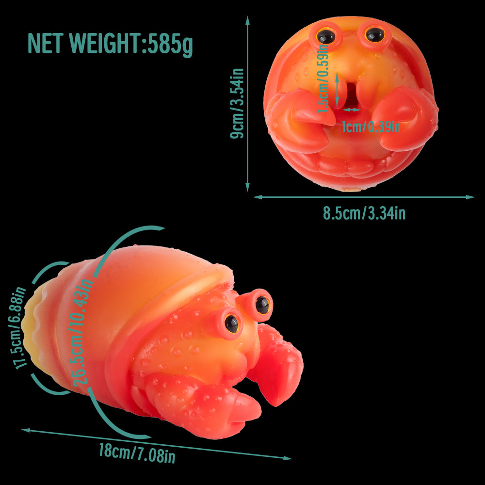 Colorful squeeze toy crab with size and weight measurement overlay