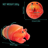 Colorful squeeze toy crab with size and weight measurement overlay