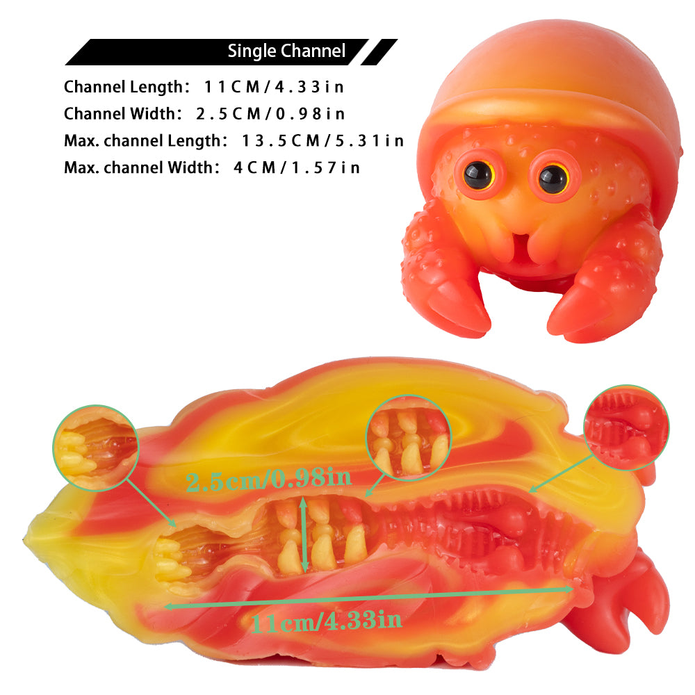 Orange squeeze toy crab with measurement diagram and callouts on white background
