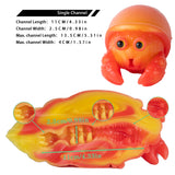 Orange squeeze toy crab with measurement diagram and callouts on white background