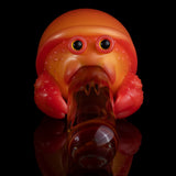 Front view of orange and red squeeze toy crab with open mouth and big eyes