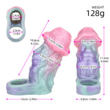 Maßzeichnung: Alien-Sleeve in Pastell (rosa, mint, lila) und Gewicht 128 g