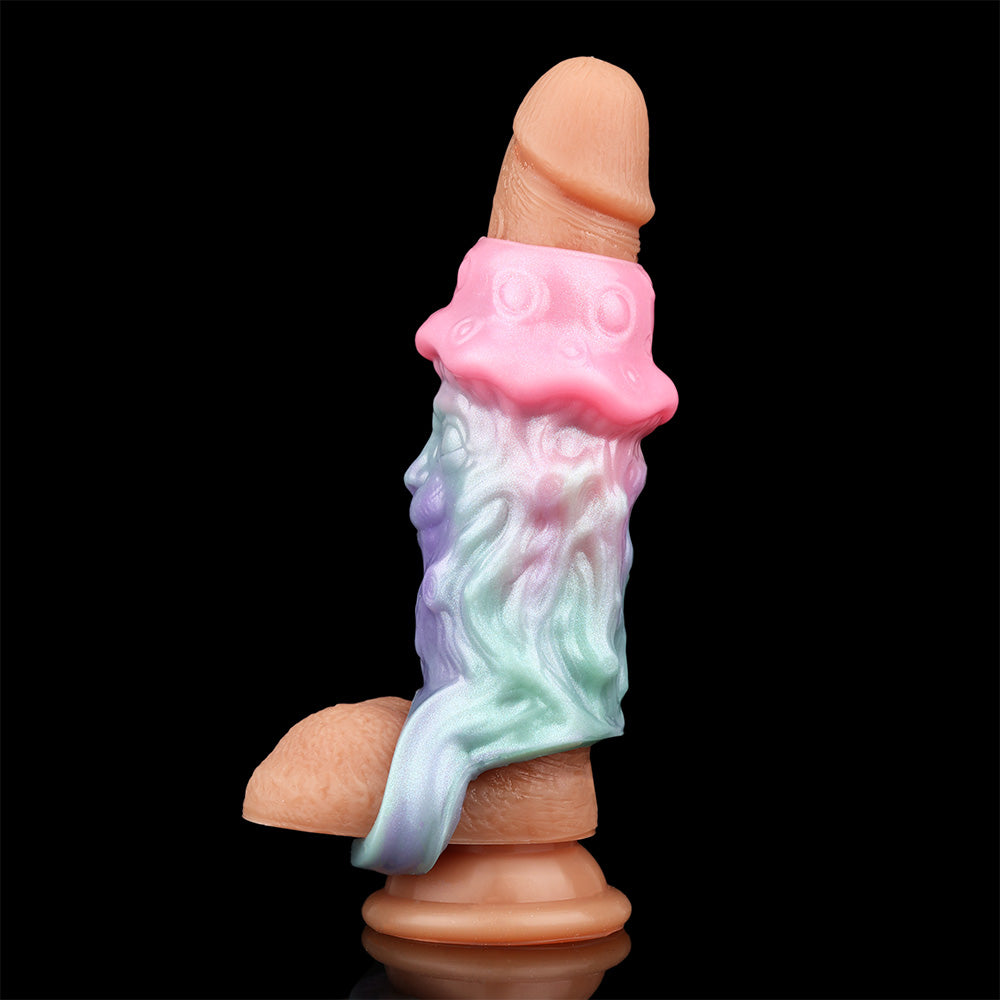 Alien-Sleeve seitlich: rosa Kopfaufsatz und pastellblauer/lavendelfarbener Schaft