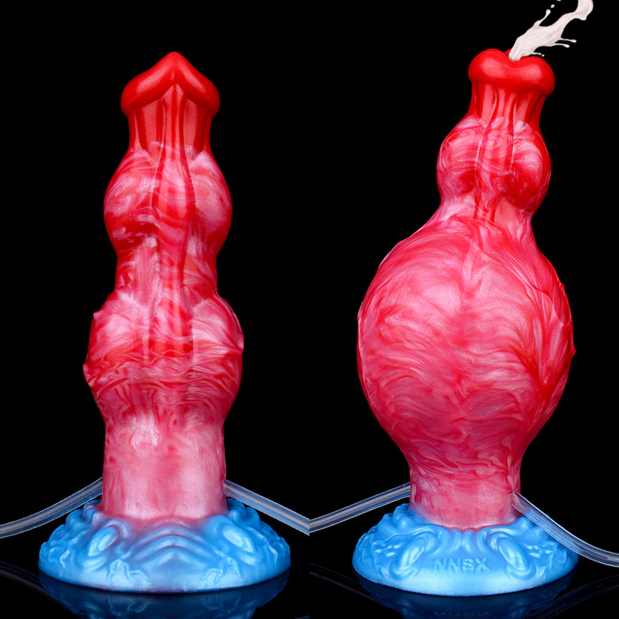 Inflatable red sex toy on blue base, shown separately in two inflation stages