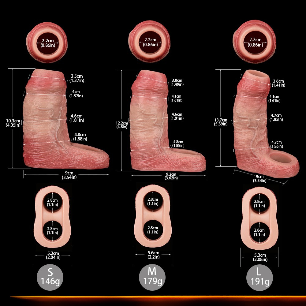 Size chart for penis sleeves (S, M, L) with measurements and openings.