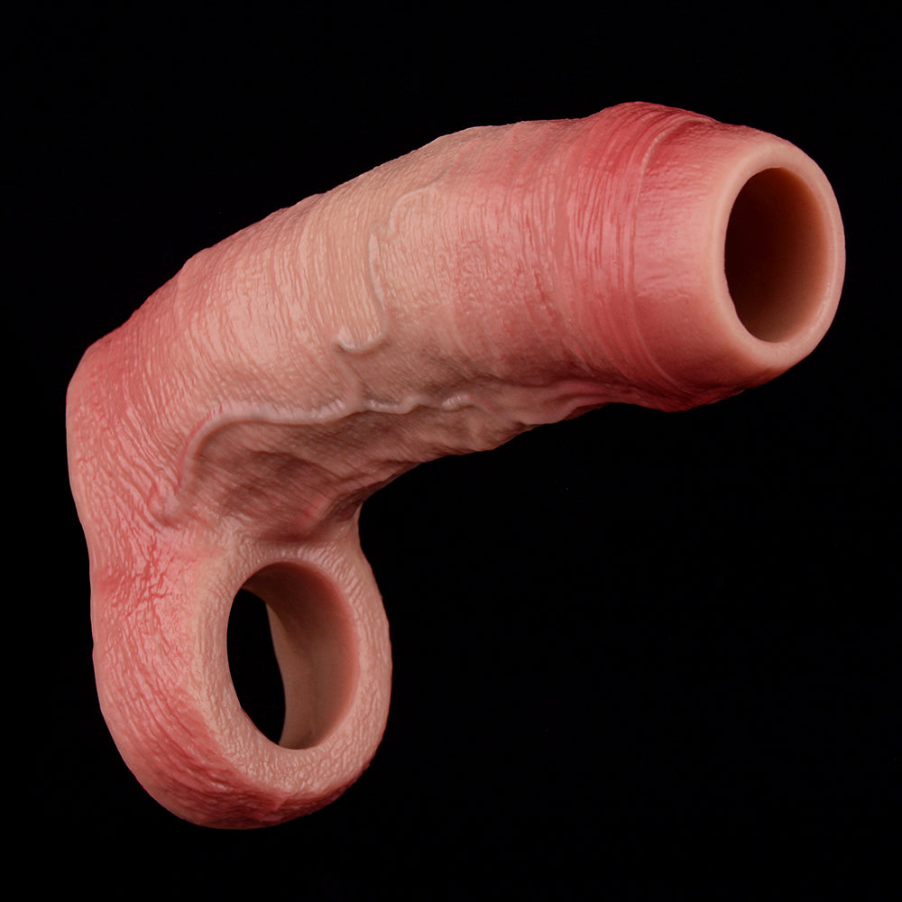 Realistic penis sleeve with curved shape and open end; textured pink silicone.