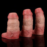 Three realistic penis sleeves in pink, molded textures; different lengths.