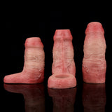 Cyrus extender penis sleeves—three sizes shown on reflective surface, textured pink.
