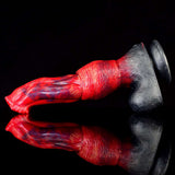 Curved horse-shaped dildo with red ribbed body and dark curved base
