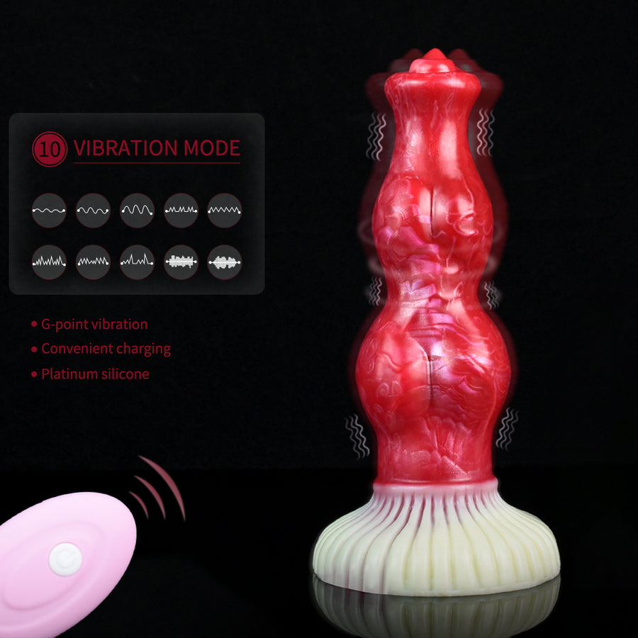 Red knotted dog-shaped silicone vibrator with ribbed cream base