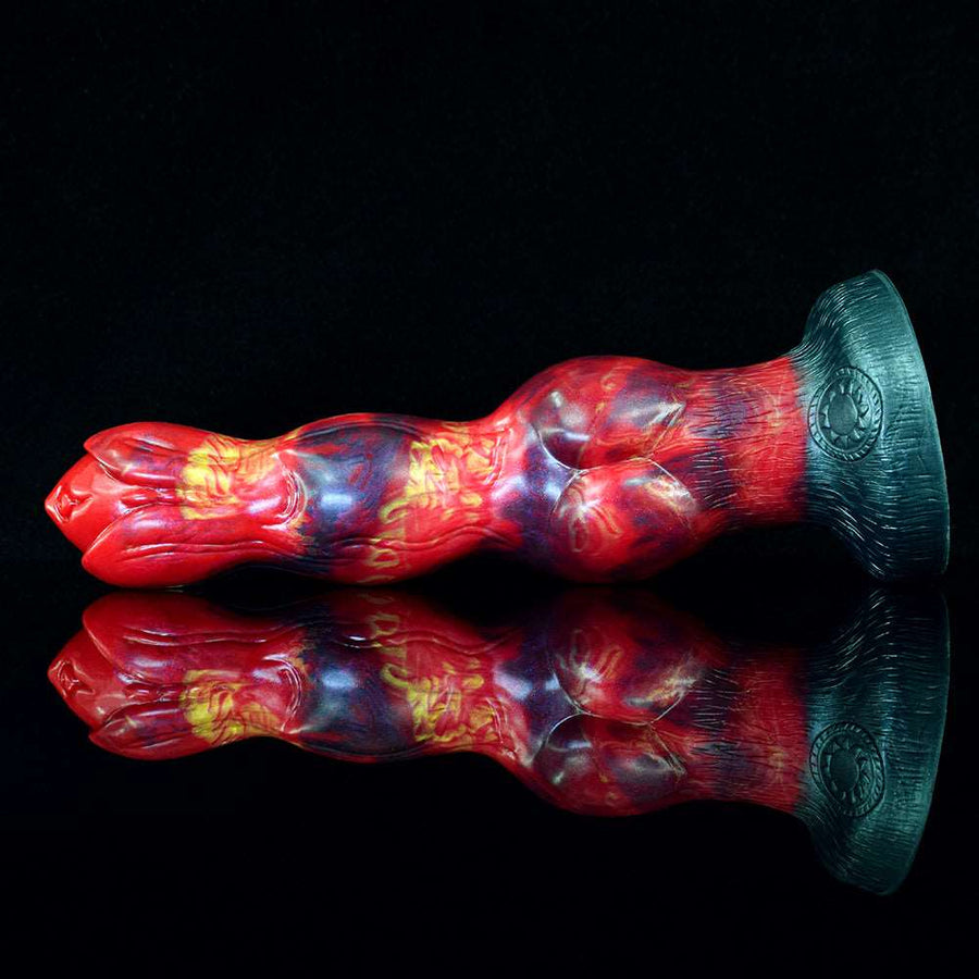 Full-length red and blue patterned silicone dog-style sex toy with greenish suction base