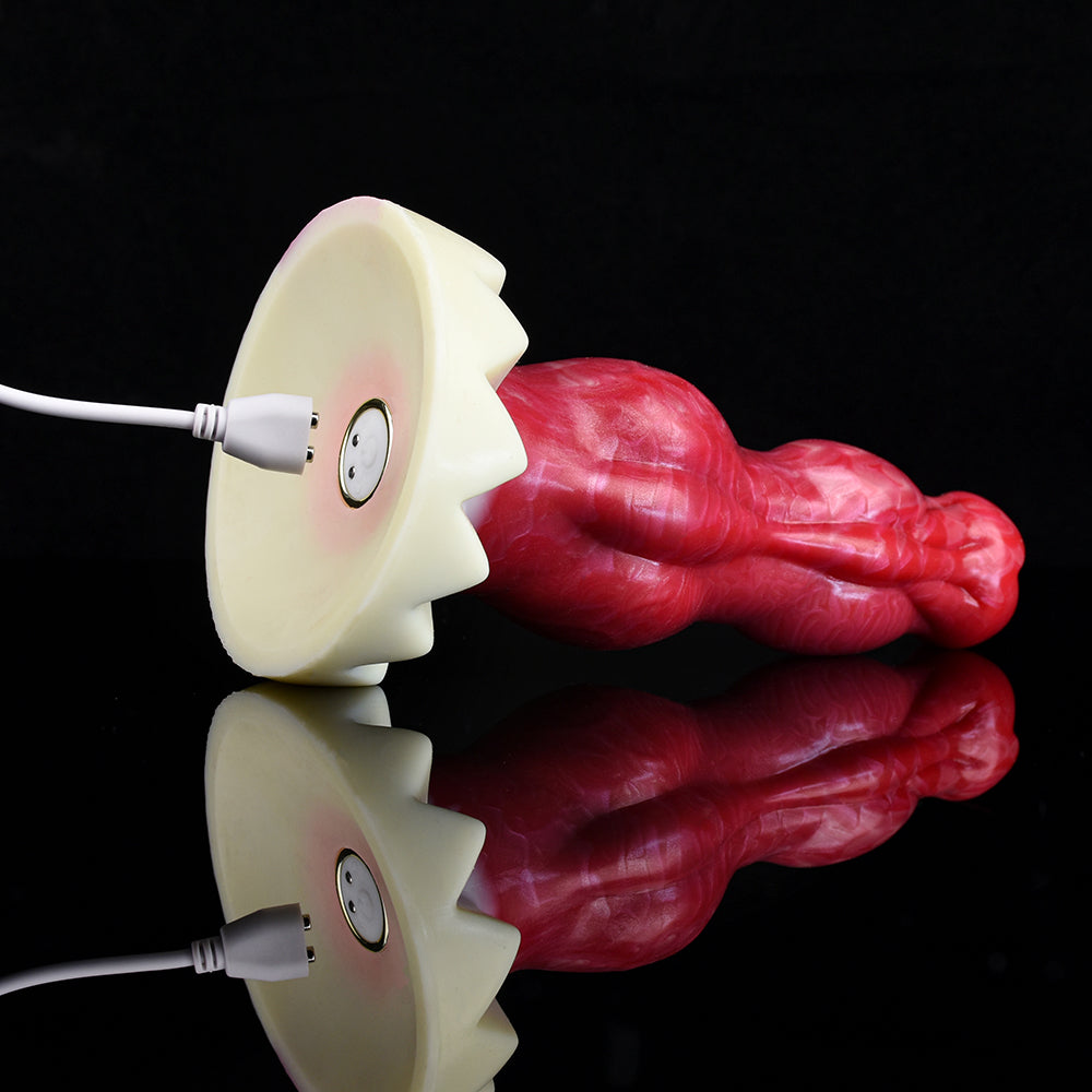 Red Dante double-knot vibrating dildo with twin remote discs and cables