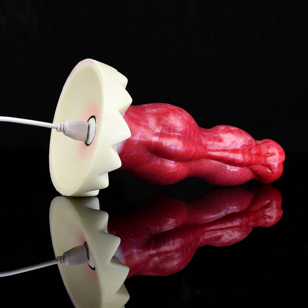 Red Dante double-knot vibrating dildo with two remote discs attached by cables