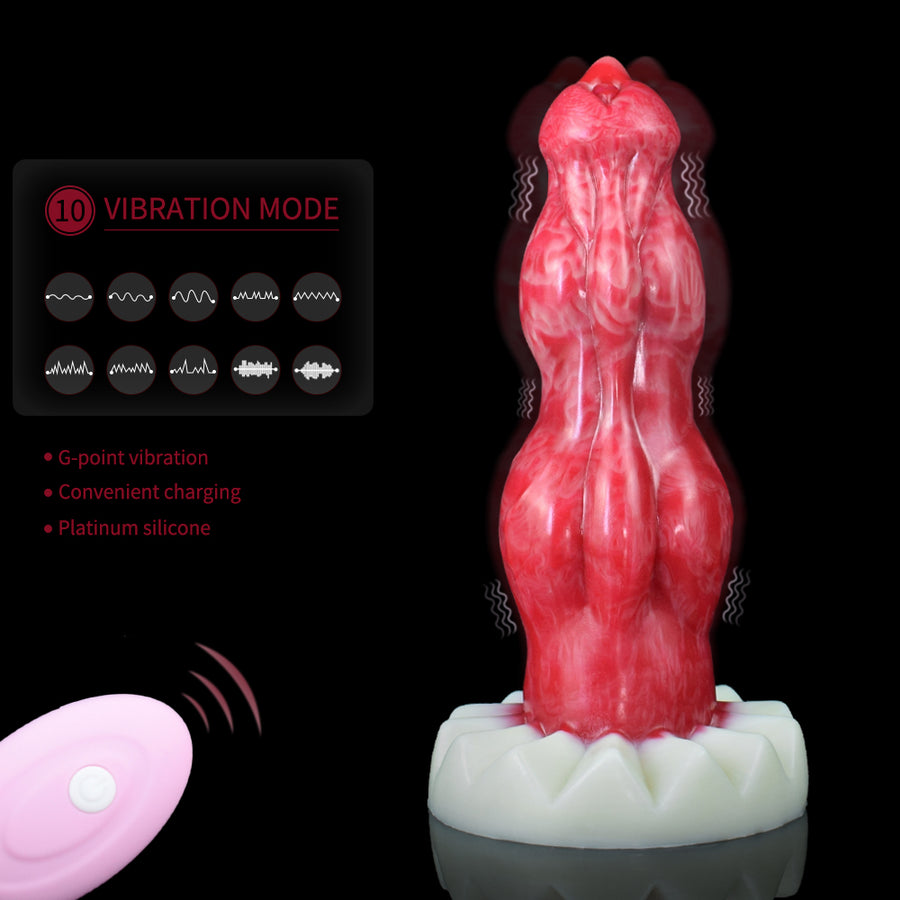 Vibrating double-knot dildo with red marbled body and vibration mode display