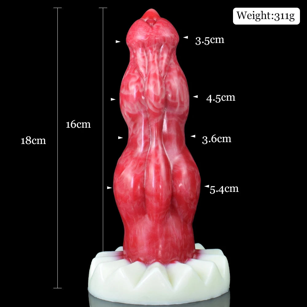 Red Dante double-knot vibrating dildo, size diagram with weight callout