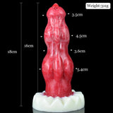 Red Dante double-knot vibrating dildo, size diagram with weight callout