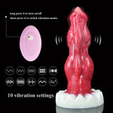 Red double-knot vibrating dildo with vibration setting icons and button-style control