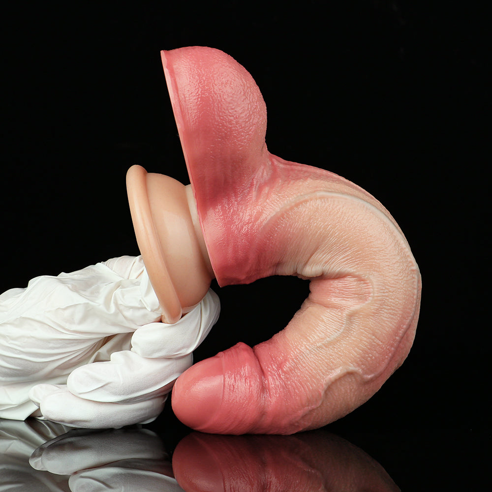 Pink realistic suction dildo with flared base and curved shaft, veined texture