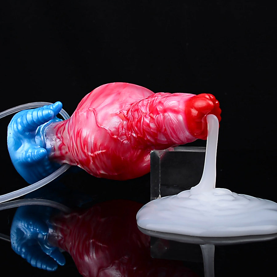 Inflatable sex toy with pink-red body, blue base, clear tubing and white funnel