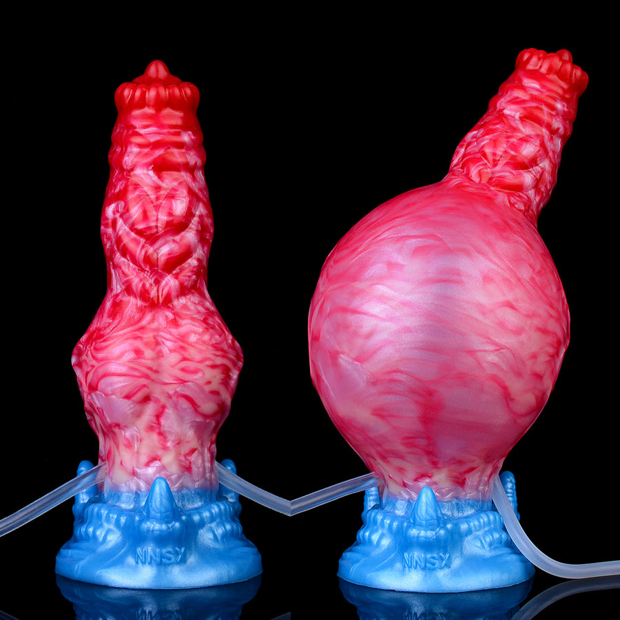 Inflatable sex toy with pink-red textured body and blue base, shown inflated and deflated