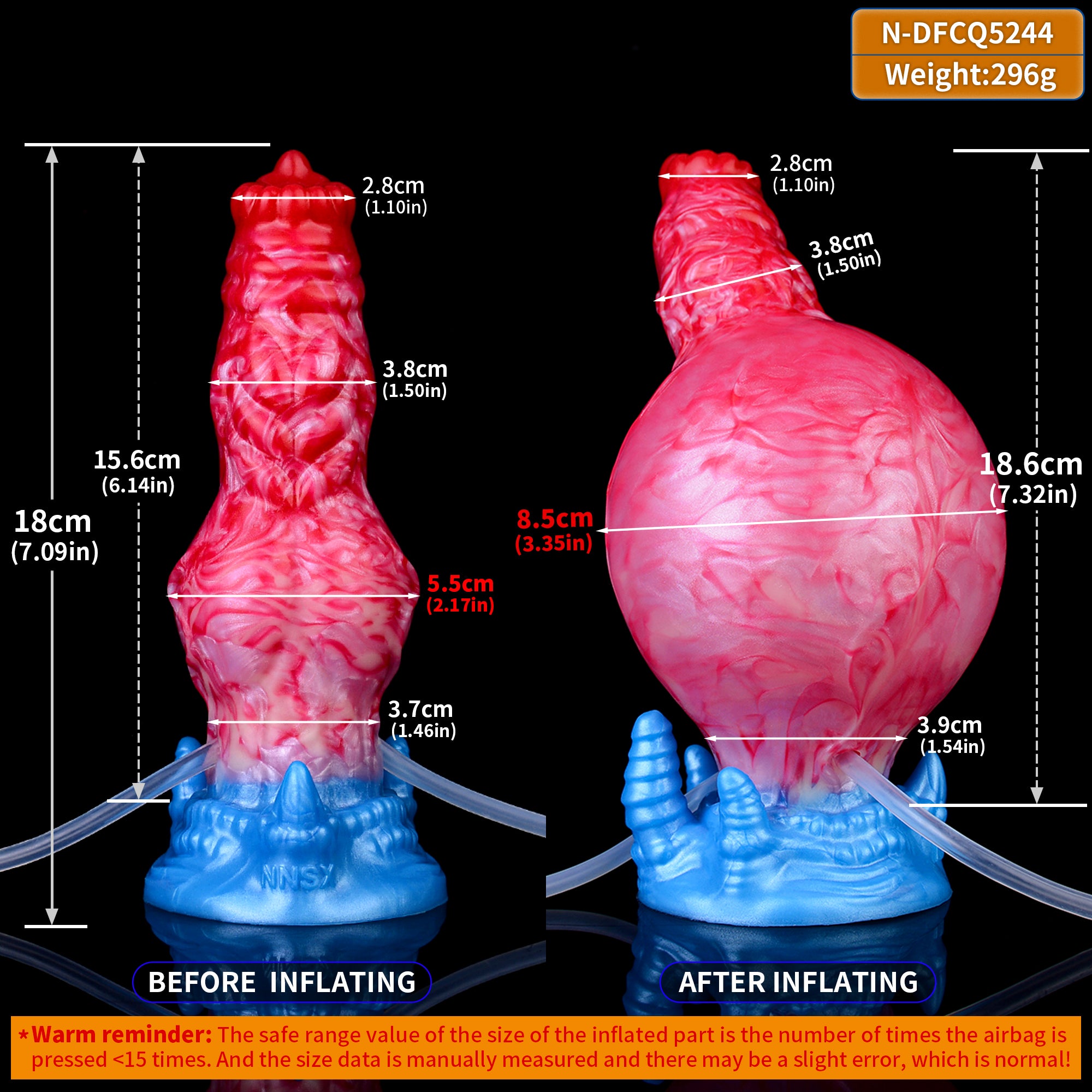 Inflatable dildo size view: red-pink swirl with blue base and knot end