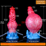 Inflatable dildo size view: red-pink swirl with blue base and knot end